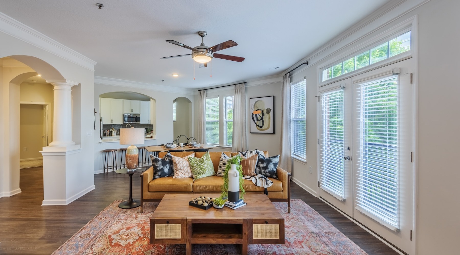 a living room with a couch and a coffee table